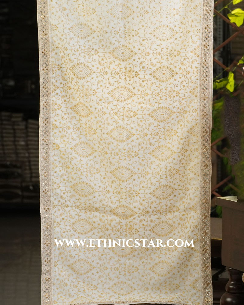 White Designer Dupatta With Zari Work