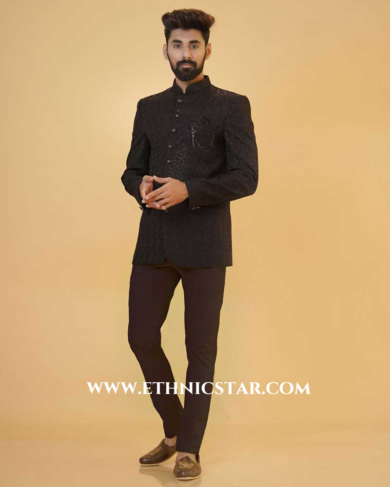 Black And Wine Jacket Style Jodhpuri Suit For Men