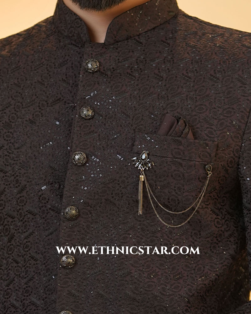 Black And Wine Jacket Style Jodhpuri Suit For Men