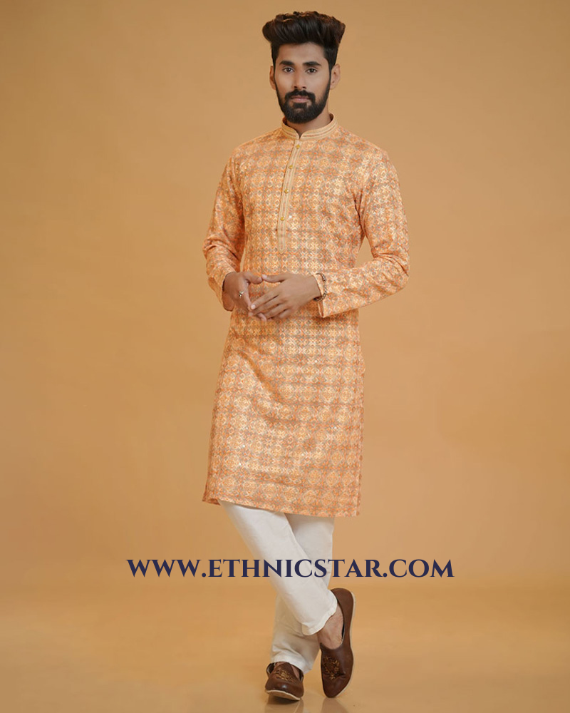 Readymade Orange Thread Embroidered Kurta Pajama