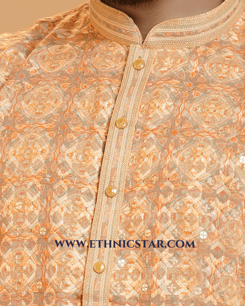 Readymade Orange Thread Embroidered Kurta Pajama