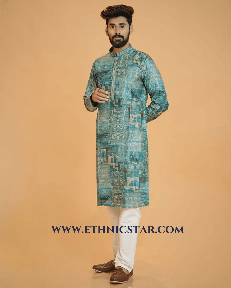Readymade Fancy Printed Firozi And White Kurta Pajama