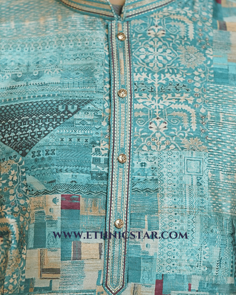 Readymade Fancy Printed Firozi And White Kurta Pajama