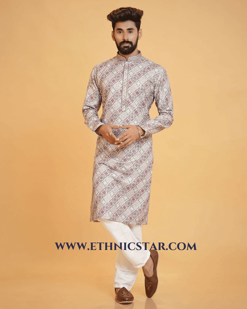Floral Printed Onion Pink Silk Kurta Pajama For Men