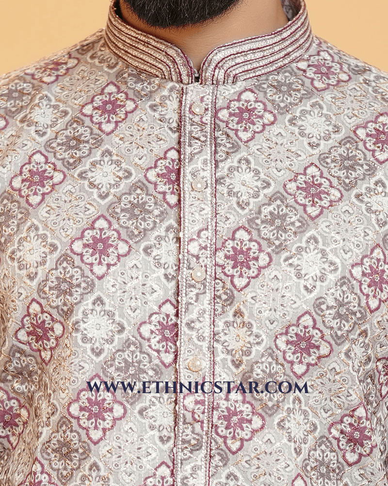 Floral Printed Onion Pink Silk Kurta Pajama For Men