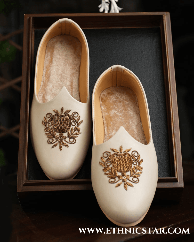 Cream Wedding Wear Leather Fabric Mojari