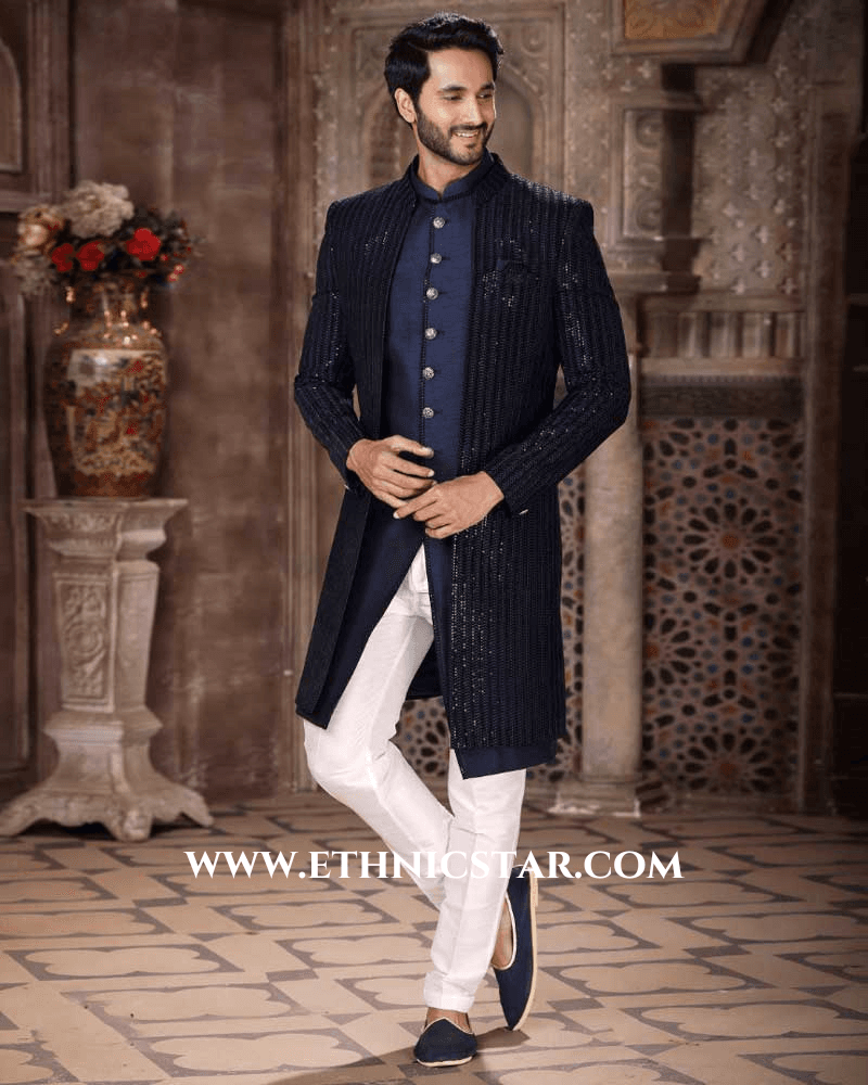 Navy Blue Jacket Style Indowestern In Velvet