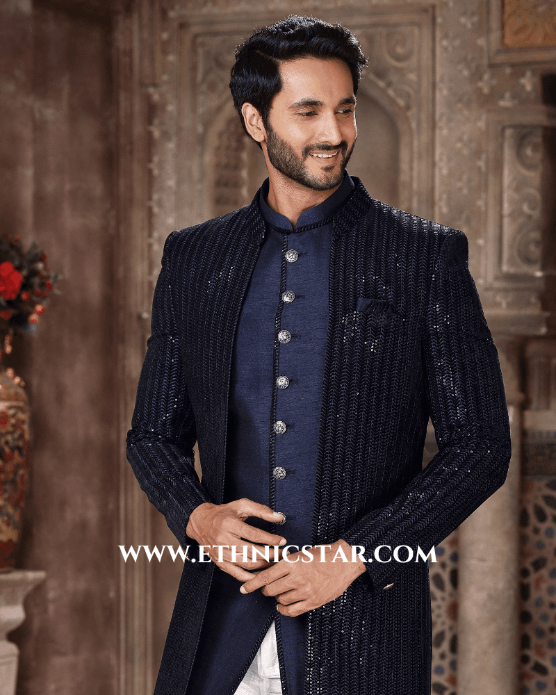 Navy Blue Jacket Style Indowestern In Velvet