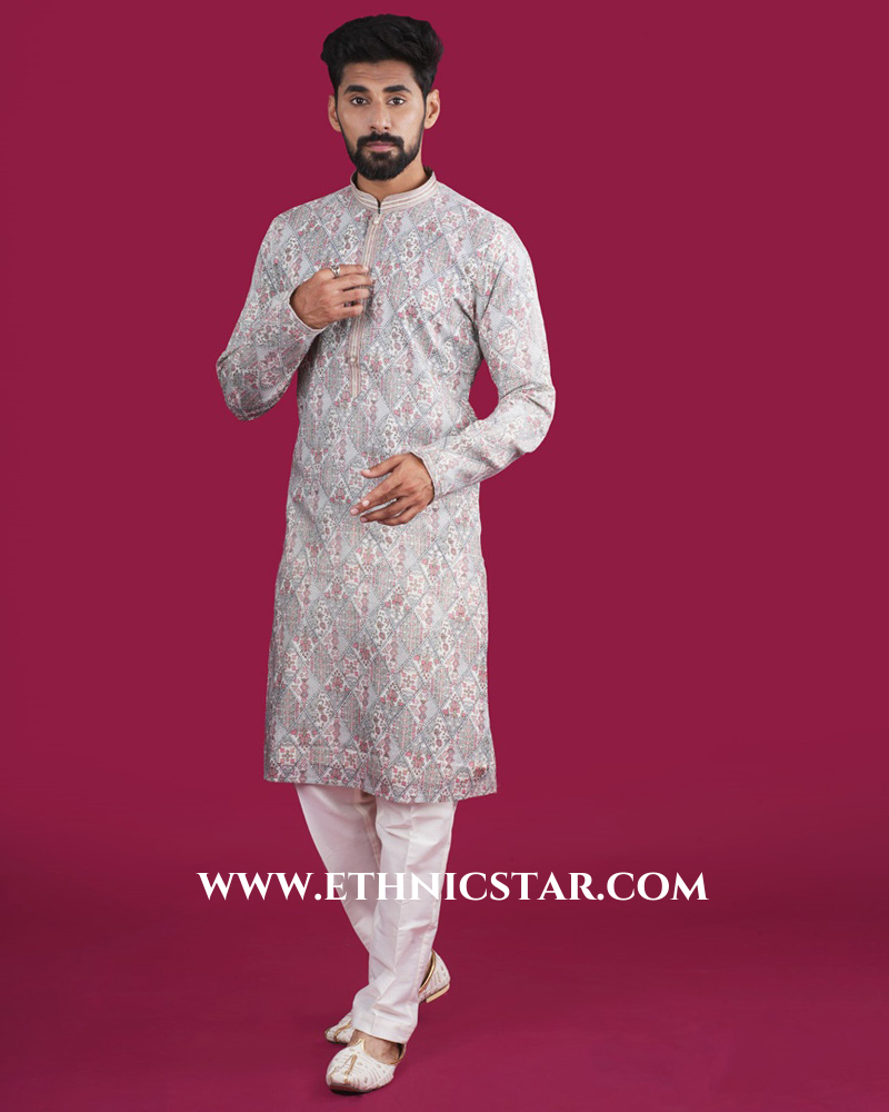 Fancy Printed White Cotton Silk Mens Kurta Pajama