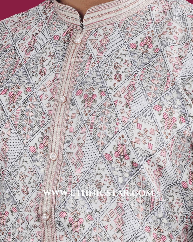 Fancy Printed White Cotton Silk Mens Kurta Pajama