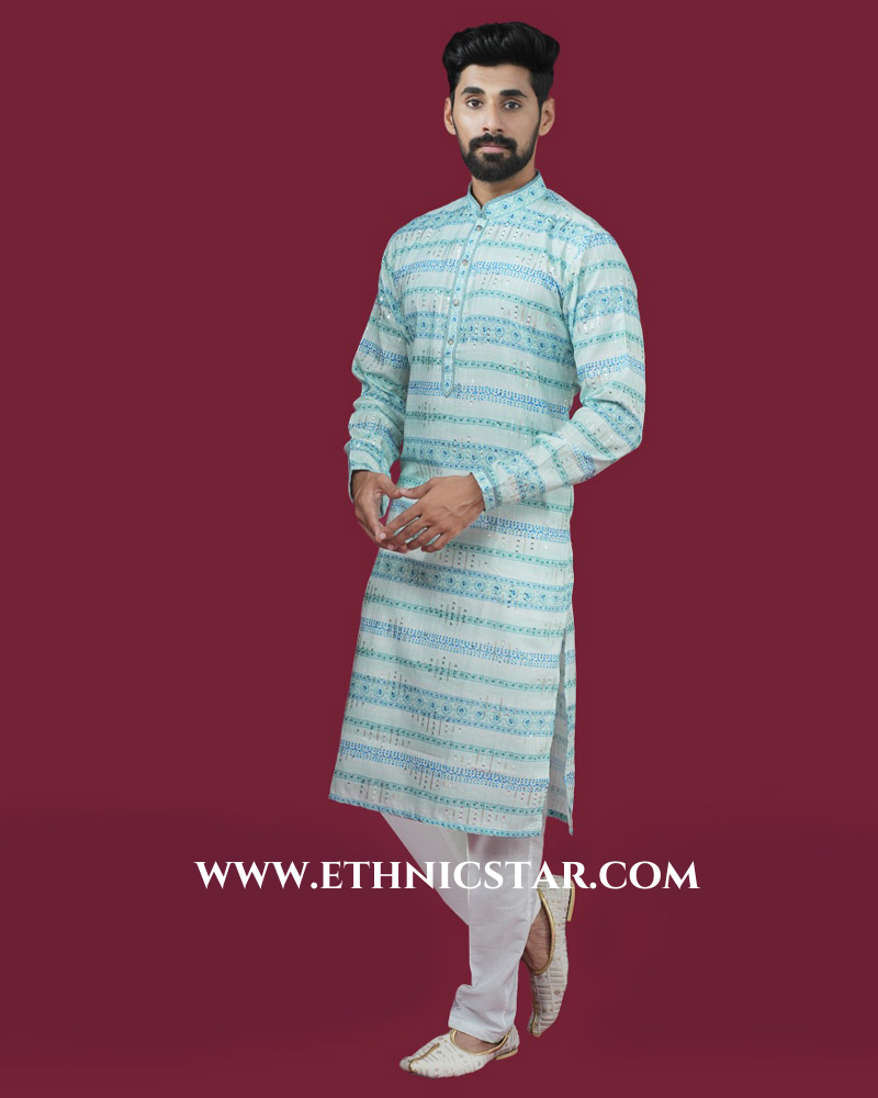 Designer Sky Blue Color Cotton Silk Kurta Pajama
