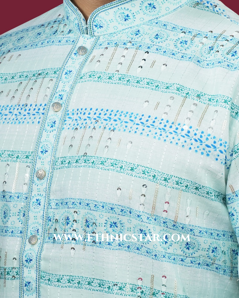Designer Sky Blue Color Cotton Silk Kurta Pajama
