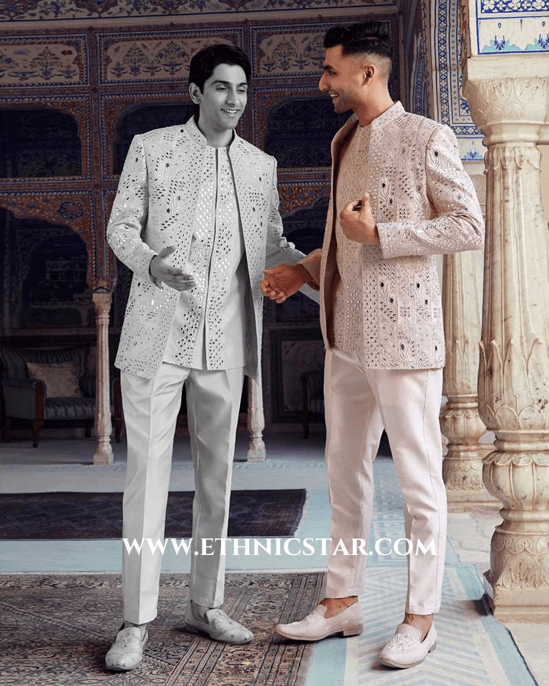 Elegant Peach Mirror Embroidered Indowestern Set For Groom