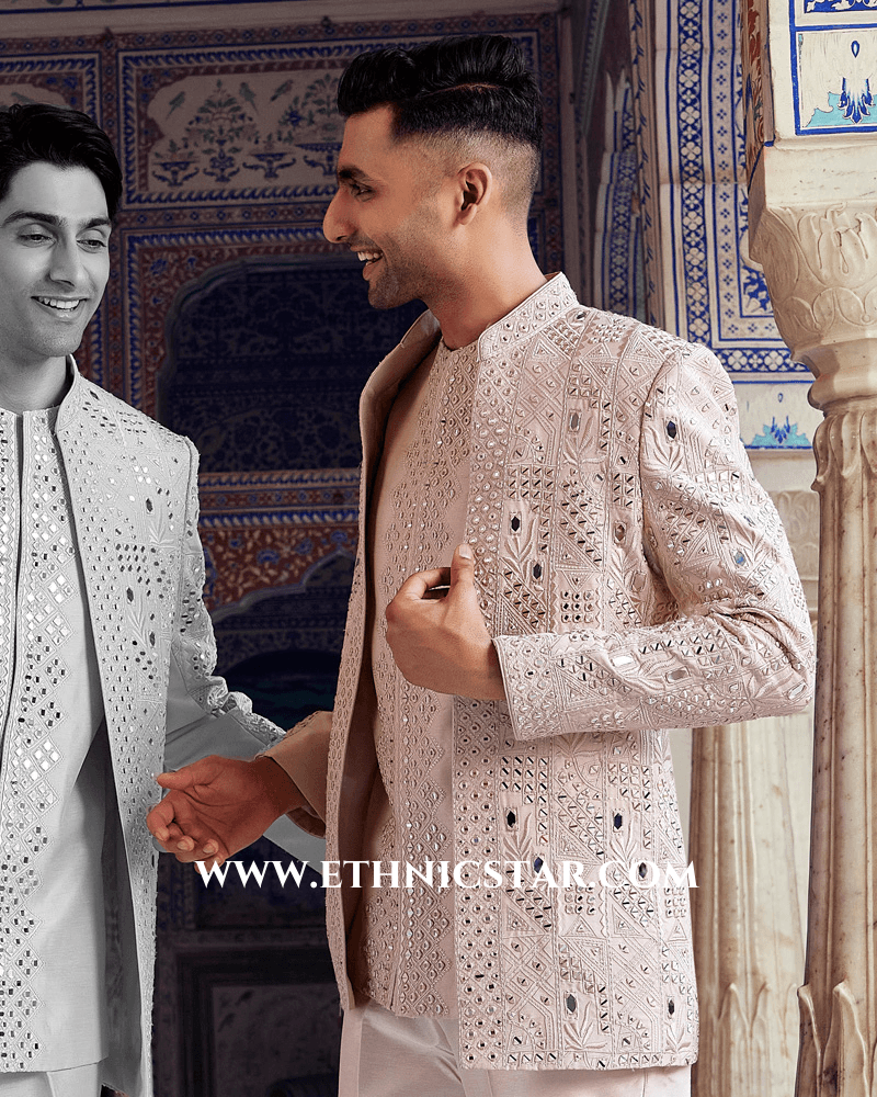 Elegant Peach Mirror Embroidered Indowestern Set For Groom