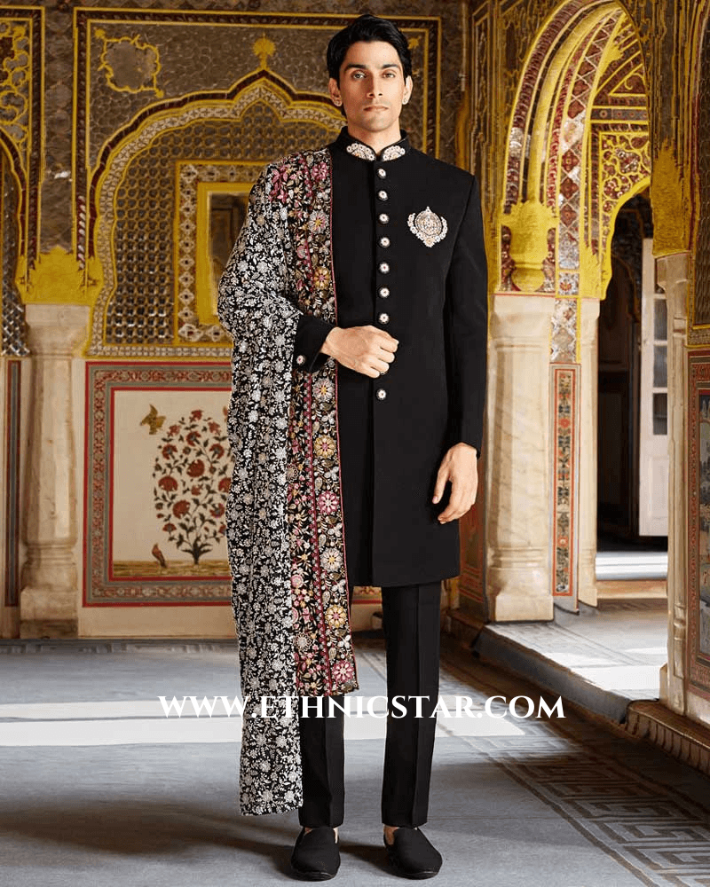 Designer Black Indowestern Set With Embroidered Dupatta