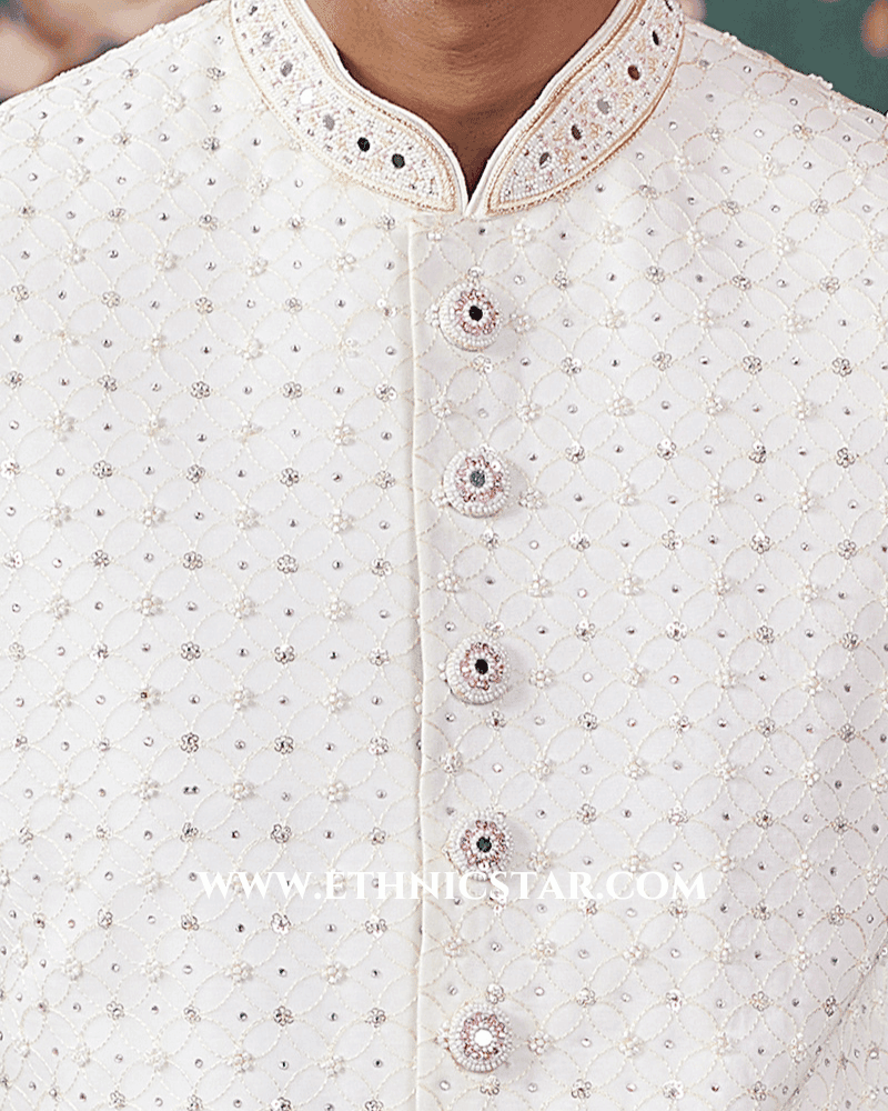 Cream Embroidered Art Silk Sherwani Set For Men