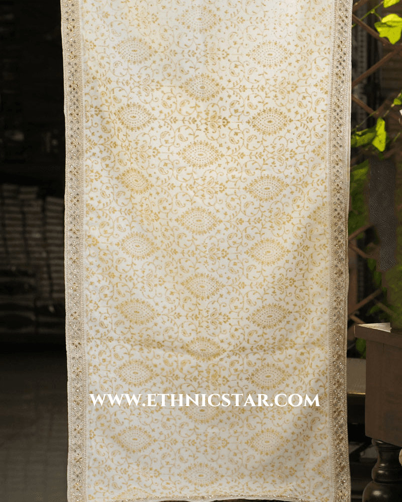 White Designer Dupatta With Zari Work