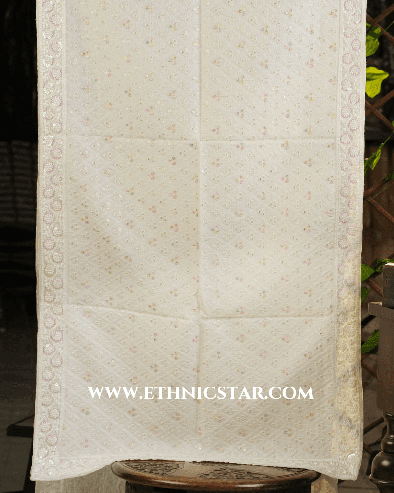 White Groom Wear Lucknowi Dupatta