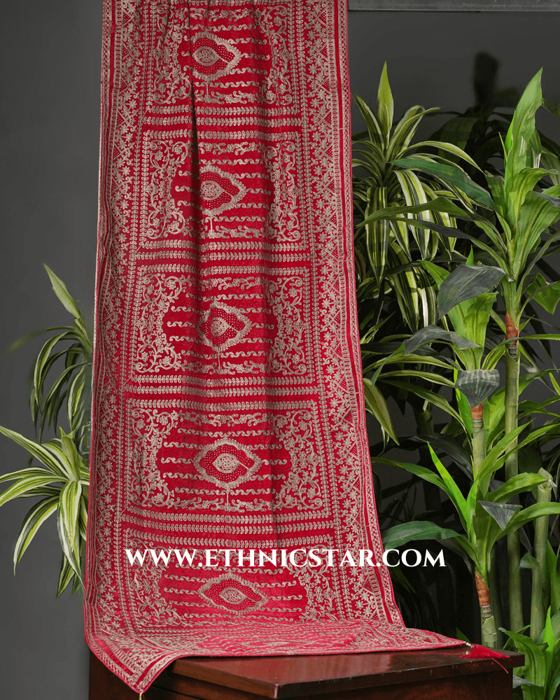 Red Thread Embroidered Dupatta In Velvet Fabric