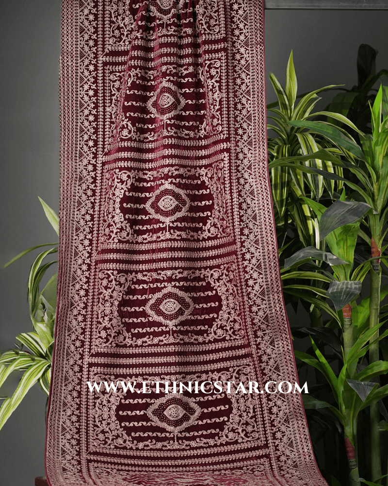 Men's Wedding Dark Maroon Velvet Dupatta
