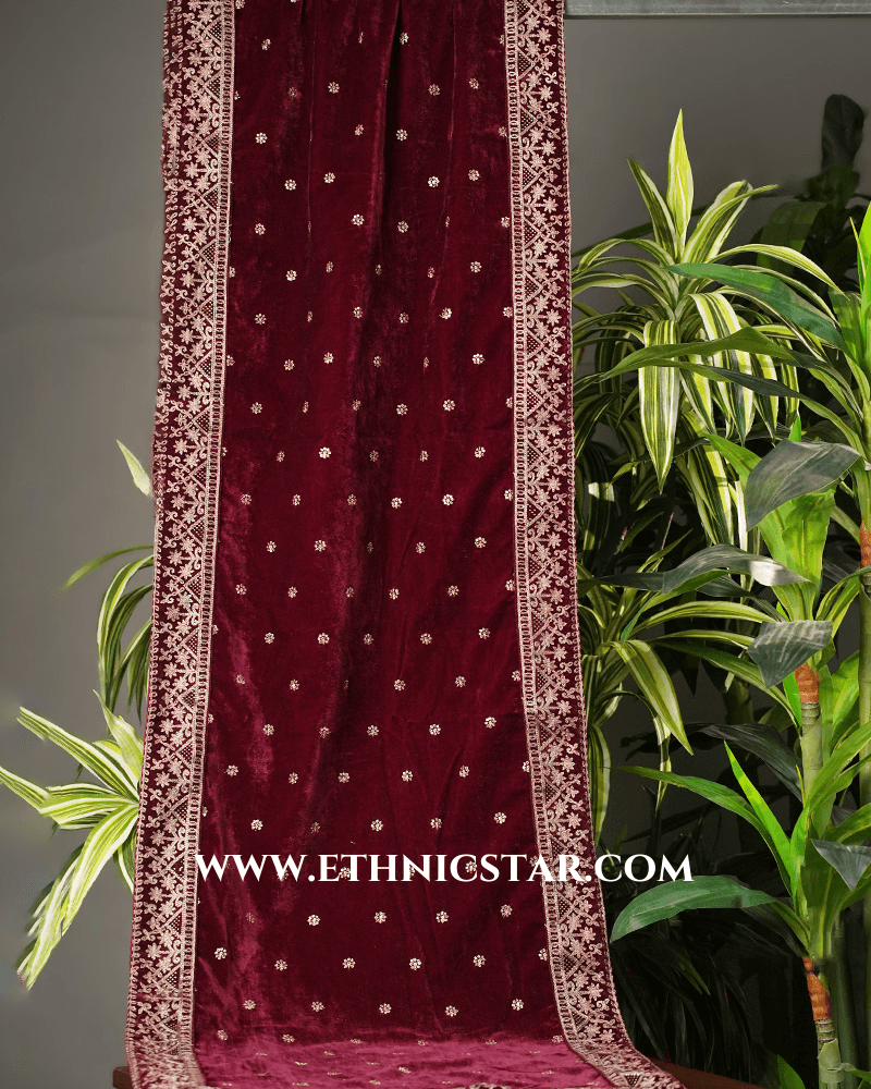 Dark Maroon Velvet Embroidered Border Dupatta