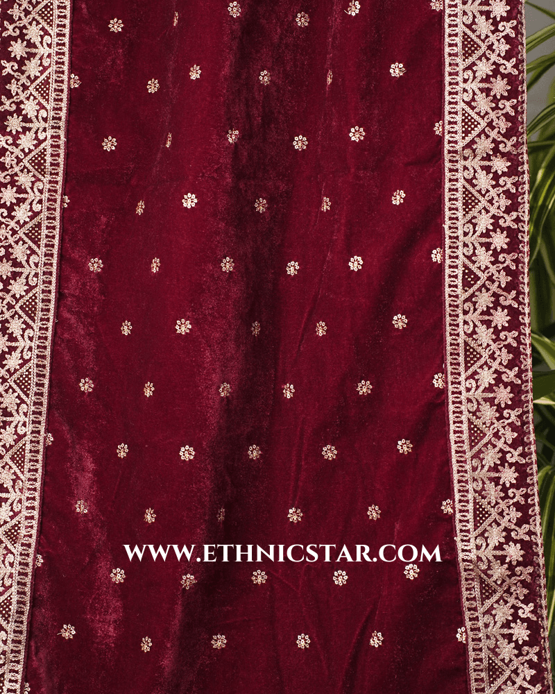 Dark Maroon Velvet Embroidered Border Dupatta