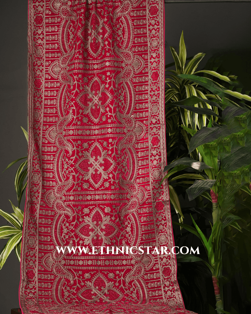 Thread Embroidered Velvet Dupatta In Rani Color