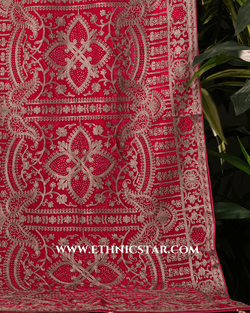 Thread Embroidered Velvet Dupatta In Rani Color