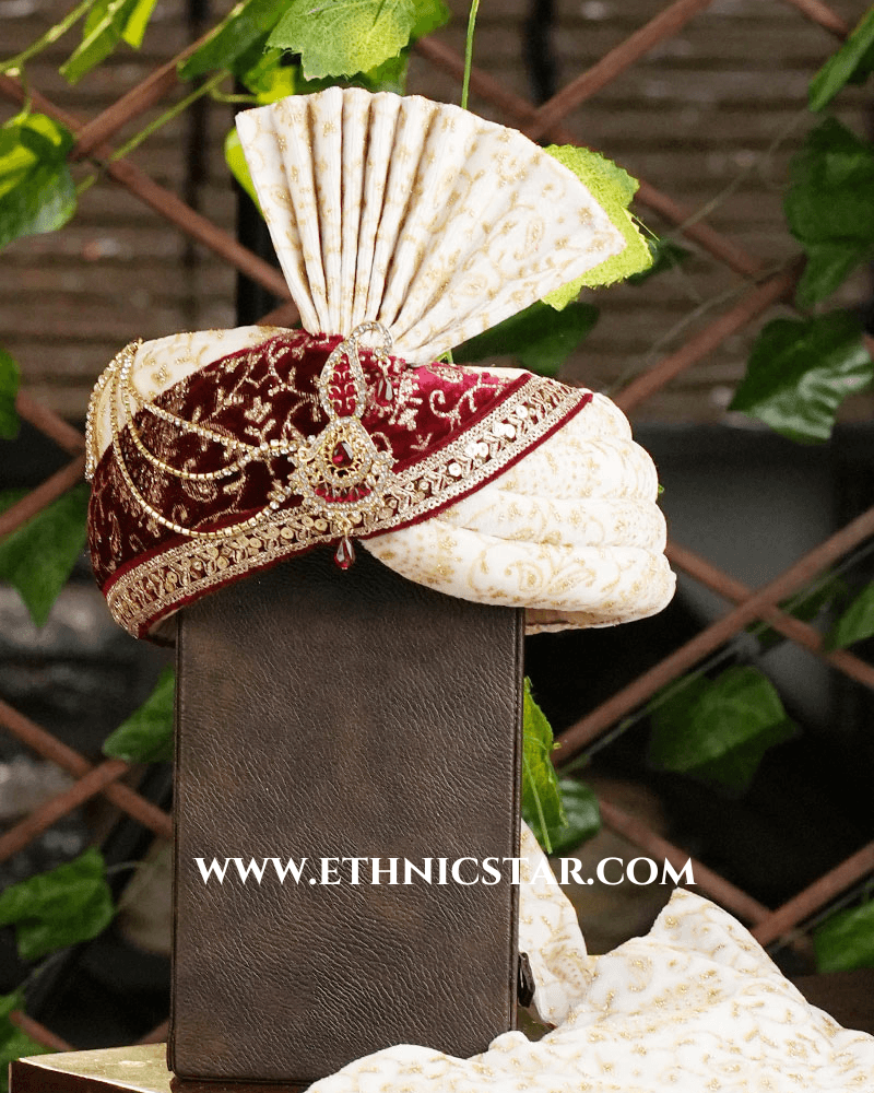 Velvet Groom Wear Safa In Off White And Maroon Color