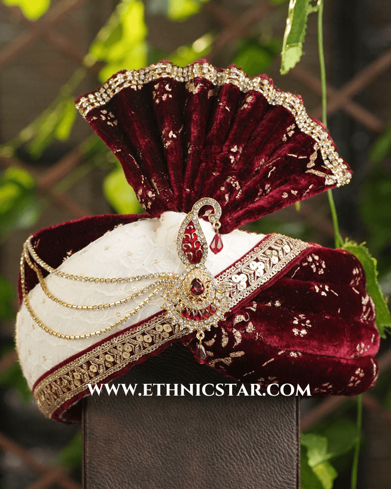 Off White And Maroon Groom Wear Safa For Wedding