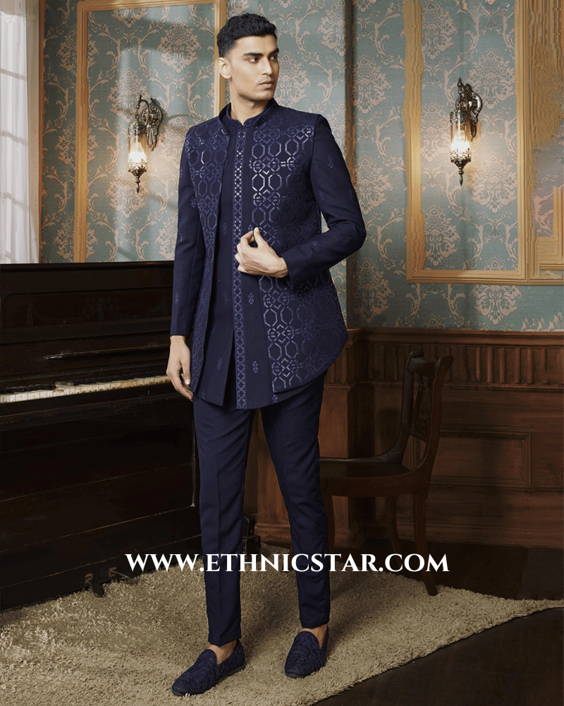 Navy Blue Embroidered Jacket Indowestern Set For Men