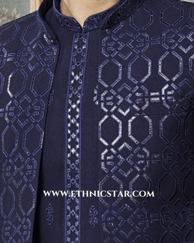 Navy Blue Embroidered Jacket Indowestern Set For Men