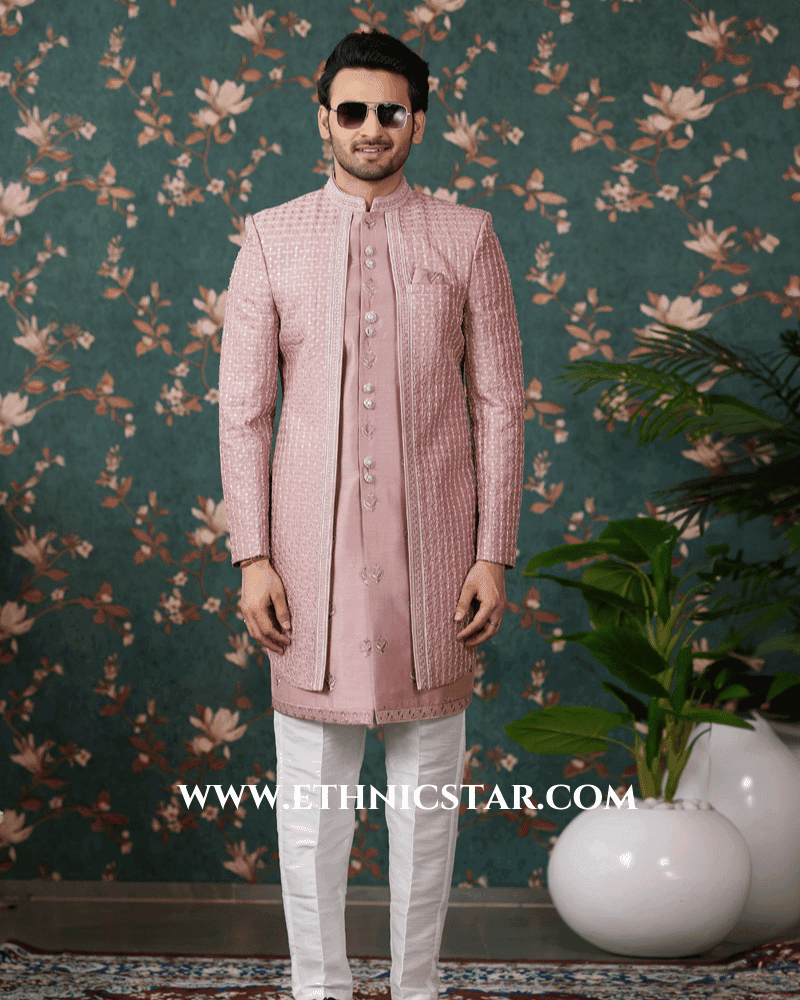 Groom Wear Rose Gold Embroidered indowestern Set