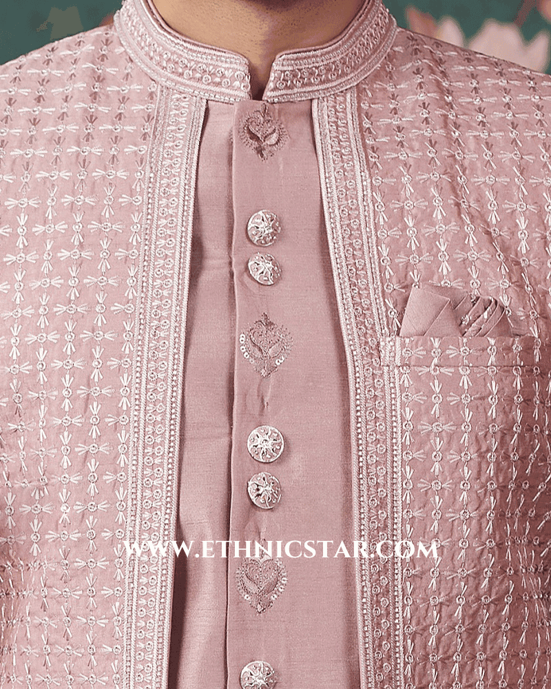 Groom Wear Rose Gold Embroidered indowestern Set