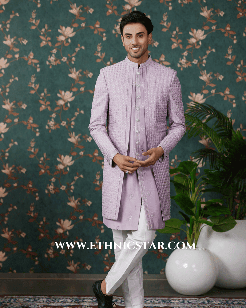 Light Purple Art Silk Indowestern Set With Embroidered Jacket