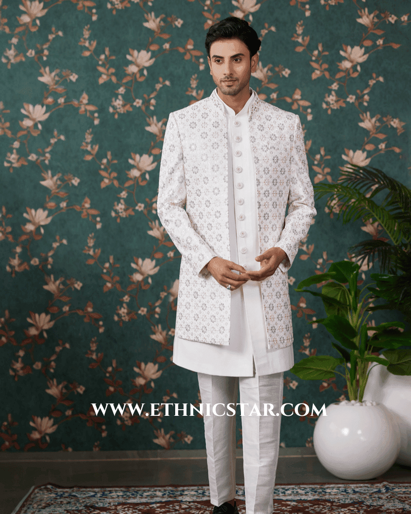 Cream Wedding Indowestern Set With Embroidered Jacket
