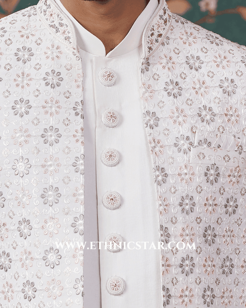 Cream Wedding Indowestern Set With Embroidered Jacket