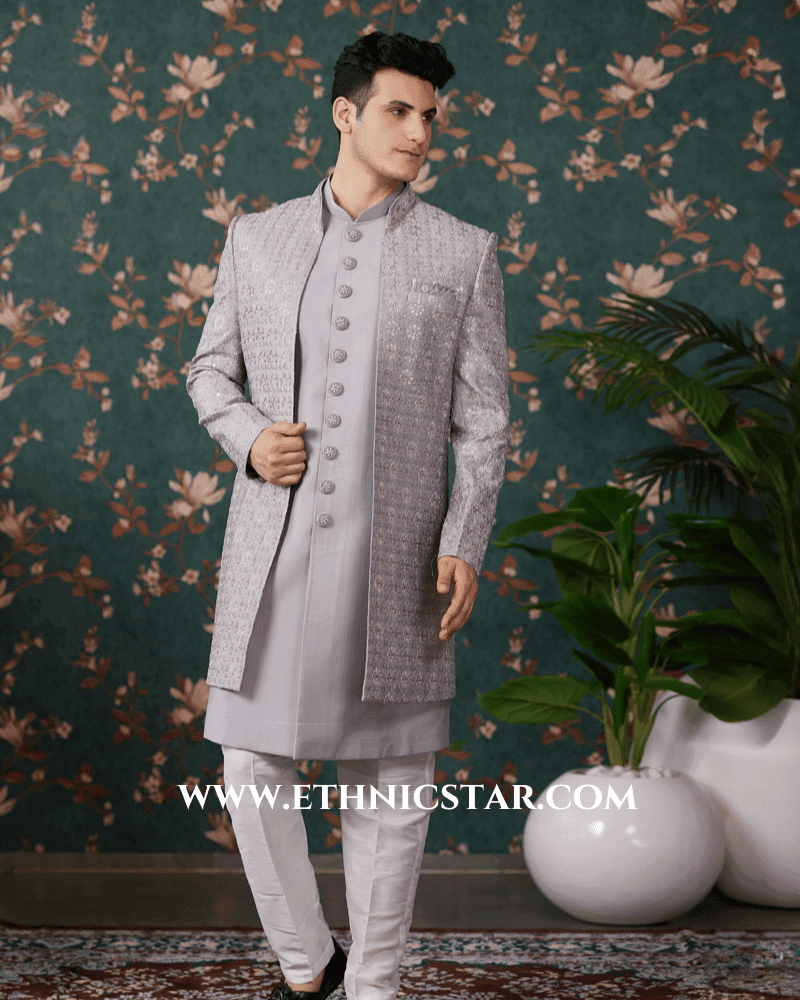 Elegant Grey Embroidered Indowestern Set With Jacket