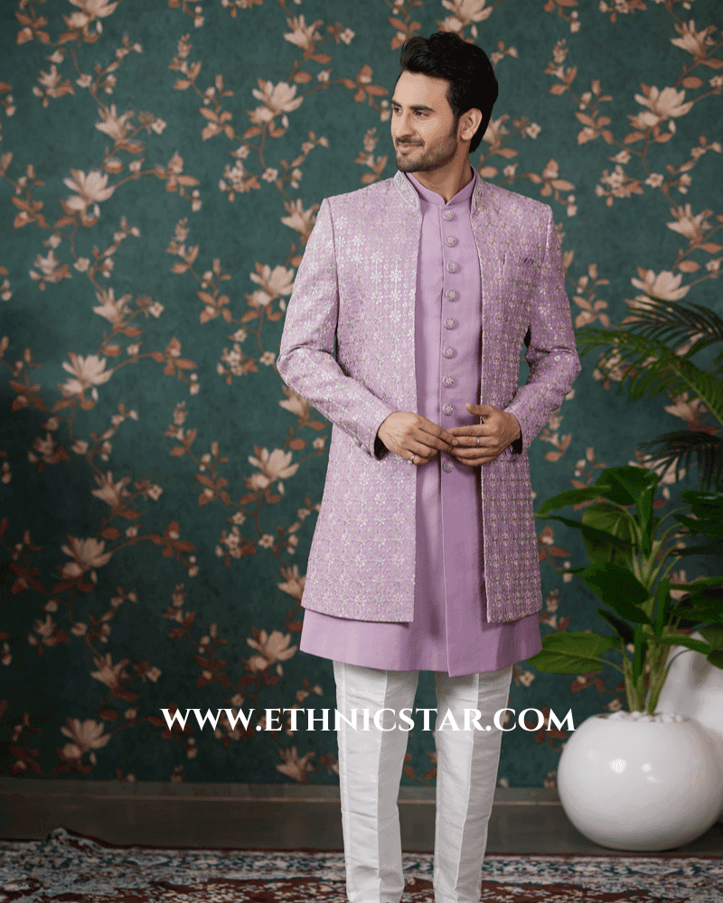 Light Purple Embroidered Art Silk Indowestern Set For Wedding