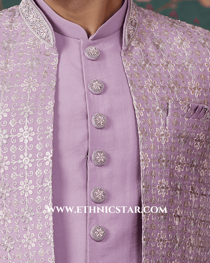 Light Purple Embroidered Art Silk Indowestern Set For Wedding