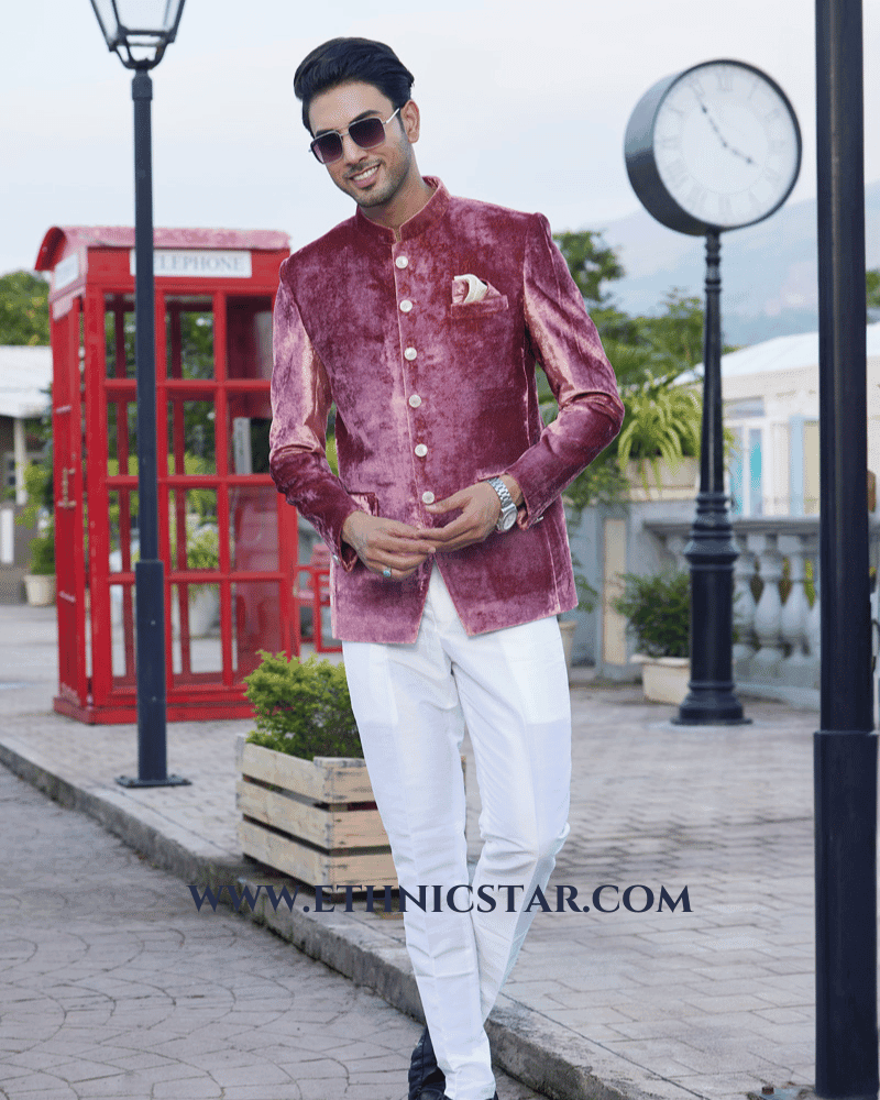 Onion Pink Wedding Wear Jodhpuri Suit in Velvet