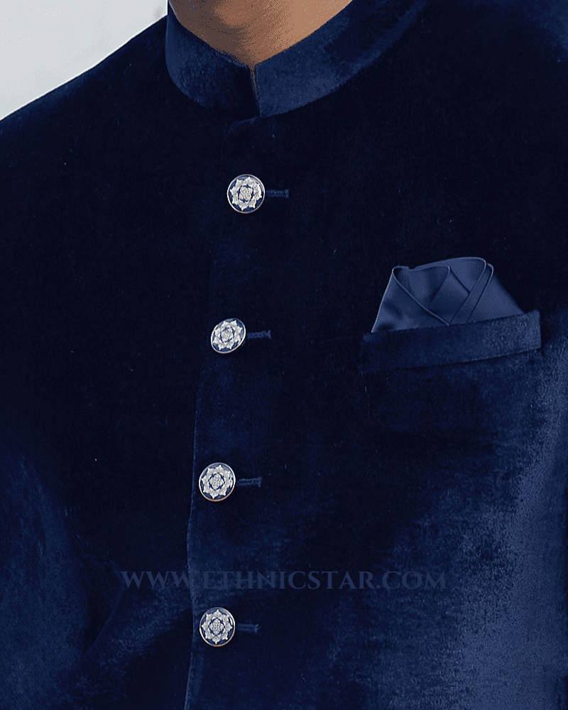 Solid Blue Wedding Wear Jodhpuri Suit in Velvet